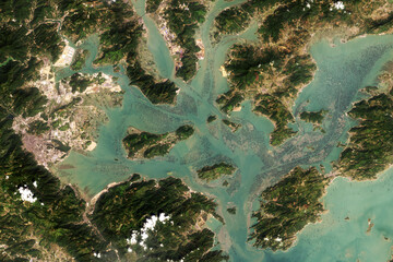 Satellite image of aquaculture in Sansha Bay, China. Contains modified Copernicus Sentinel data...