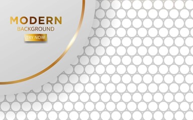 modern white overlay layers background banner design with golden lines. Realistic light effect on textured grey circle background,vector illustration.
