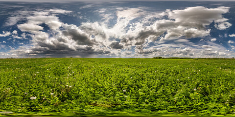 Fototapeta premium full seamless spherical hdri panorama 360 degrees angle view on among fields in spring day with awesome clouds before storm in equirectangular projection, ready for VR AR virtual reality content