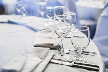 wedding table setting. empty wine glasses