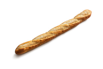 Long French baguette with oblique incisions and golden crispy crust
