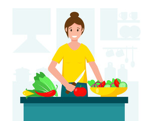 Housewife cooking salad in the kitchen.