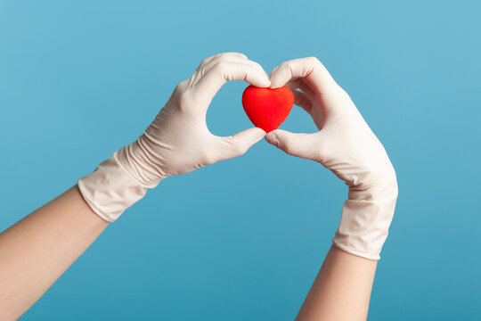 Profile side view closeup of human hand in white surgical gloves holding smal red heart shape in hand. indoor, studio shot, isolated on blue background.