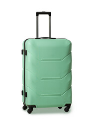 Green suitcase with retractable handle and wheels. Plastic travel luggage suitcase is reliable travel companion. Impressions of new places. Vacation concept. Isolated on white background.