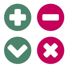 Fototapeta premium Plus minus and check mark icons flat round green and red colors.