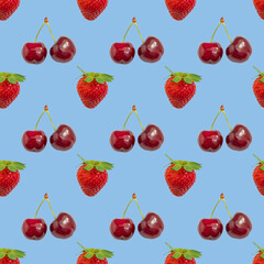 Seamless pattern of fresh ripe strawberry and cherry