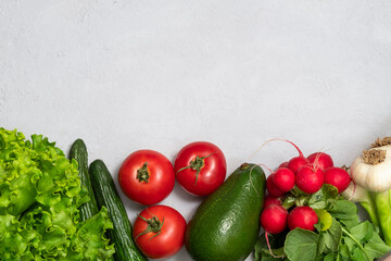 Flat lay of fresh vegetables with copy space. Clean eating, alkaline diet