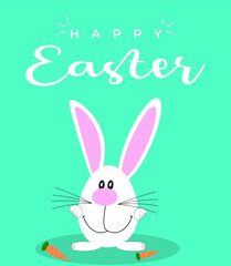 Greeting card with with white Easter rabbit. Funny bunny. Easter Bunny. Easter bunny on blue background. Vector illustration.