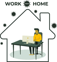 Male works on PC at home. Stay home, stay safe. Work from home.
