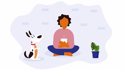 Stay home women illustration. Young woman with cute dog is sitting, drinking tea. Trendy flat vector card poster for self isolation during quarantine. Relax at home.