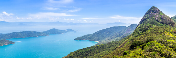 Saco do Mamangua, a tropical fiord in Paraty, Rio de Janeiro, Brazil. Web banner in panoramic view.