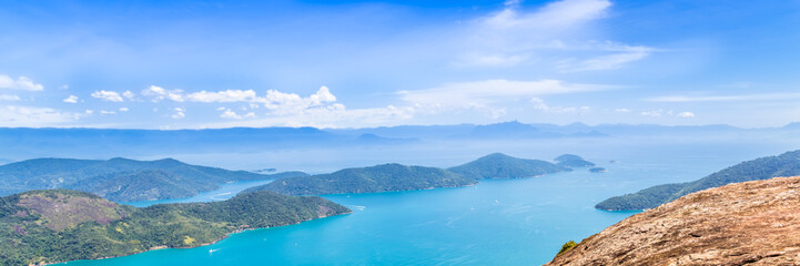 Saco do Mamangua, a tropical fiord in Paraty, Rio de Janeiro, Brazil. Web banner in panoramic view.