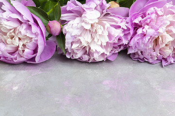 Three pink peonies on a decorative background