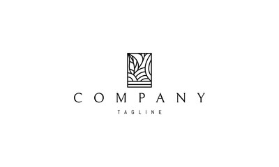 Vector logo on which an abstract image of hills and trees in a linear style in a rectangle.