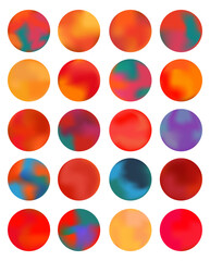Gradient set on white background. Multicolor red, orange, yellow, pink, turquoise, blue, violet gradients for round button. Modern abstract texture. Vector illustration in trendy colors