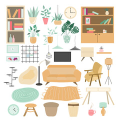Set of trendy furniture, home furnishings interior decorations of scandinavian and boho style, isolated elements on white background, flat style vector illustration