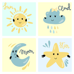 Set of cute sky nature characters  with smiling face (sun, cloud, moon and star), nursery art, children's vector illustration in flat style, poster design