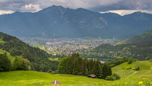Garmisch Partenkirchen skyline aerial view of germany nature landscapes uhd 4k video, alps mountains in backgorund.