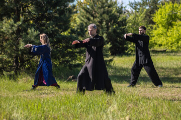 Two men and a woman practicing in Tai chi Taijiquan in a Park