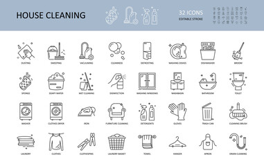 Vector house cleaning icons. Editable Stroke. Cleanup, dusting dishwasher defrosting sweeping vacuuming. Disinfection wet cleaning windows detergents iron laundry broom furniture - obrazy, fototapety, plakaty