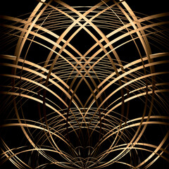 Gold abstract geometric lines on a black background.