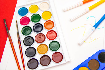 Children's Preschool Art Supplies.pencils, scissors, paints isolated on white background.Great set...