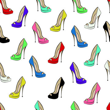 Seamless pattern of colorful open stilettos. Design can be used for wallpaper, fabric, textile, wrapping paper, printing on a t-shirt or clothing, letterhead for shoe boutiques. Isolated vector