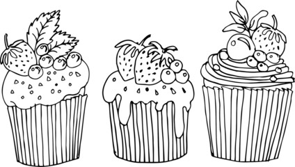 Set of cakes and cupcakes. Coloring book for adults and children. Cupcakes for the holiday. Coloring page. Cupcakes on a white isolated background. Vector illustration. 