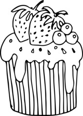 Cupcakes on an isolated white background. Coloring book for adults and children. Cake for the holiday. Children's holiday. Vector drawing. Doodling.