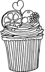 Cupcakes on an isolated white background. Coloring book for adults and children. Cake for the holiday. Children's holiday. Vector drawing. Doodling.