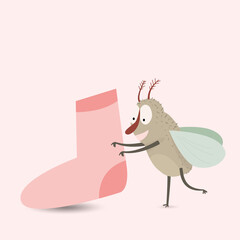 moth cartoon character  and woolen sock