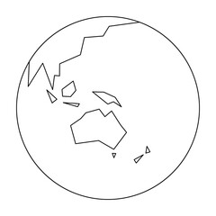 Simplified outline Earth globe with map of World focused on Australia and Oceania. Vector illustration