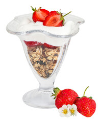 bowl of oat granola with yogurt, fresh strawberry and nuts isolated on white background with clipping path