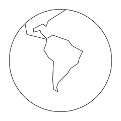 Simplified outline Earth globe with map of World focused on South America. Vector illustration