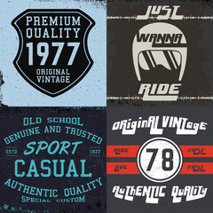 Set of vintage design print for t-shirt stamp, tee applique, fashion typography, badge, label clothing, jeans, and casual wear. Vector illustration