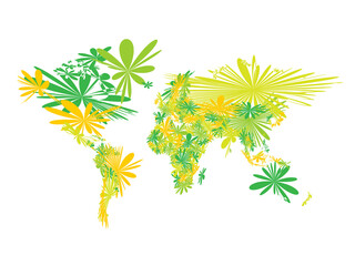 World map of spring blooming flowers. Green and yellow blossoms mosaic