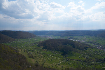 Obraz premium Lookout panoramic view in a valley of the swabian alp in south germany