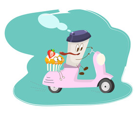 coffee Cup character carries a cupcake on a pink scooter