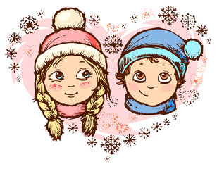 First love vector isolated. Friendship. Boy and girl. Faces. Children's feelings. Cartoon style. Hand drawing on a white background. Confusion, romance.