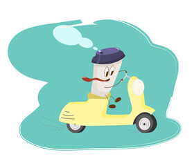 character Cup of coffee rides a yellow scooter