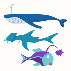 set of fish - whale, hammerhead shark, fish with a flashlight