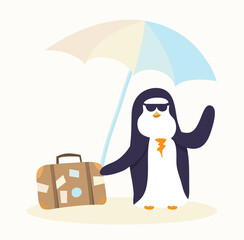 penguin in sunglasses with a suitcase under an umbrella on the beach