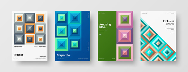 Naklejka na ściany i meble Company identity brochure template collection. Business presentation vector A4 vertical orientation front page mock up set. Corporate report cover abstract geometric illustration design layout bundle.