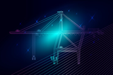 Blue Container crane composed. Marine digital concept. illustration of a starry sea or Comos. Container crane consists of lines. Wireframe light connection structure.