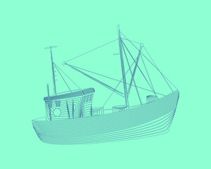 Marine graphic. Vector illustration. Fisherboat consist of lines. Digital element design  for business cards, invitations, gift cards, flyers and brochures, web.