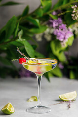 alcoholic cocktail with lime and raspberries on a table