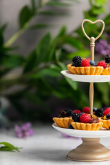 tartlets with berries and chocolate cream on a stand