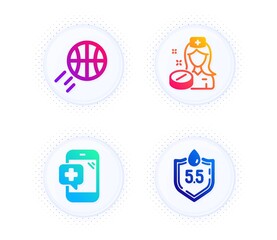 Nurse, Medical phone and Basketball icons simple set. Button with halftone dots. Ph neutral sign. Medicine pill, Mobile medicine, Sport ball. Water. Healthcare set. Gradient flat nurse icon. Vector
