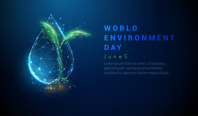 Abstract growing plant in soil with drop of water