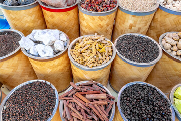 Colorful spices at the arab street market. Dubai Spice Souk in United Arab Emirates.